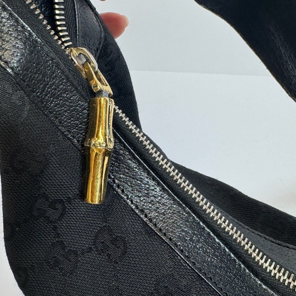 AUTHENTIC Gucci Black Crescent Bag w/Green & Red Stripe & Gold Bamboo Rings - Picture 7 of 11